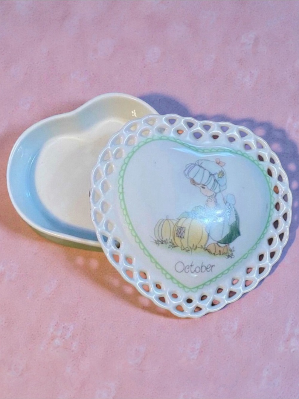 Precious Moments by Enesco Heart Shaped October Trinket Box 1985